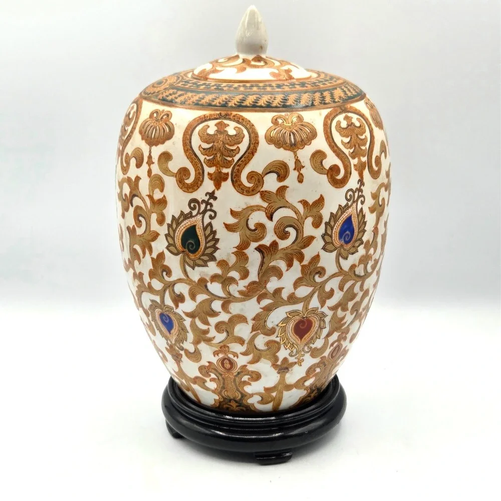 Arabesque Urn with Stand Gold Chinoiserie & White Oriental Jar 10.5